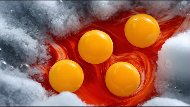 Four glossy yellow eggs arranged in a pattern inside a swirling red and white mixture