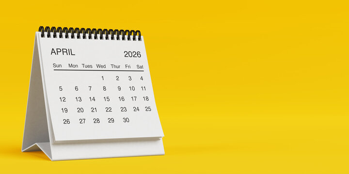 White Desk Monthly April 2026 Business Calendar. 3d Rendering