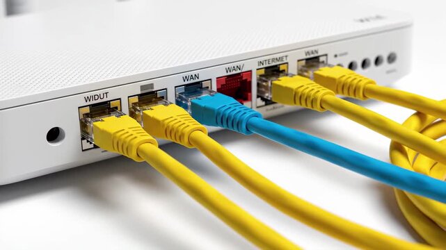 Closeup of ethernet cables plugged into the back ports of a white internet router or modem