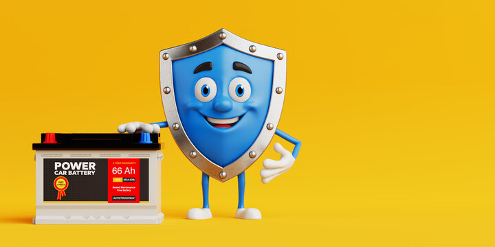 Automotive Power And Protection Concept. Smiling Blue Shield Mascot Standing Next To Car Battery And Showing Product Quality. 3d Rendering