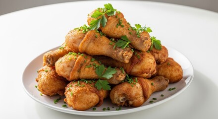 Fototapeta premium Stack of Golden Crispy Fried Chicken Drumsticks Garnished with Fresh Parsley