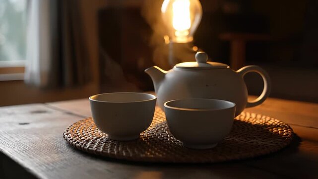 Serene Tea Moment: A close-up shot of a teapot and teacups resting on a wooden table, illuminated by warm, inviting light. A moment of peaceful serenity.