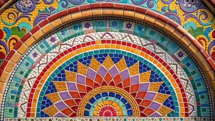 Obraz premium A colorful, intricate mosaic wall featuring a vibrant sunburst pattern in a semi-circular archway, rich in detail.