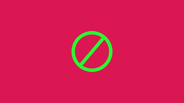 Animation of appearing and disappearing circular prohibition sign crossed out in red on blue background, green background, transparency and white background in flat design style