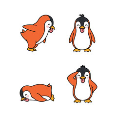 Fototapeta premium Cartoon penguins showing different emotions and poses on white background