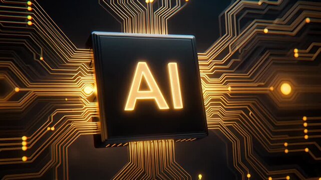 Advanced Artificial Intelligence Microchip Glowing Golden Circuitry High Performance Computing Data Processing Electronic Hardware