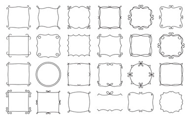 Charming Collection of Hand-Drawn Frames with Bows and Swirls, Sketchy Decorative Borders for Romantic Designs and Stationery.