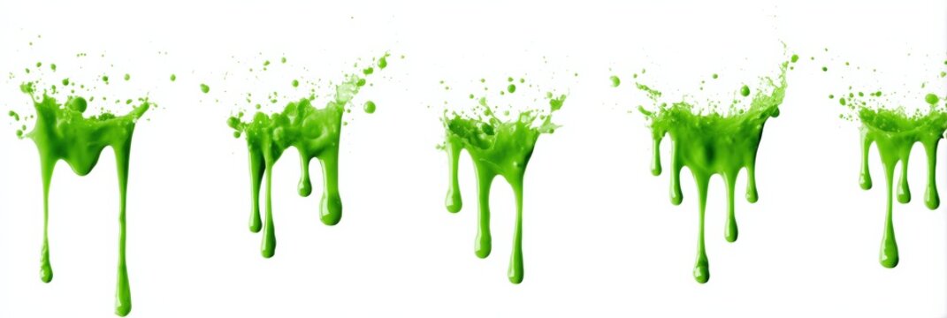 Vibrant green paint drips on white background with splash effect