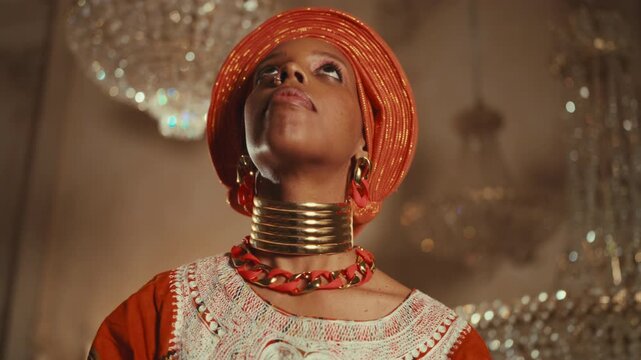 Portrait of gorgeous african princess in royal palace, diversity female beauty. African ethnicity and traditions, save culture and heritage of ancient people, trip to africa, explore new countries