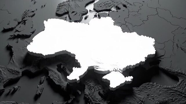 3d map highlighting ukraine on a dark gray globe of europe