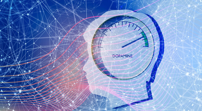 Human head and hormone dopamine level scale. Concept of medicine and pharmacy. 3D render