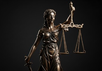 Obraz premium A bronze statue of lady justice holding scales and sword in her hands on black background