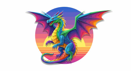 Obraz premium A colorful, geometric dragon with outstretched wings against a sunset background
