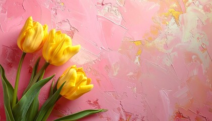 黄色のチューリップとシンプルなピンク色の背景　AI生成素材