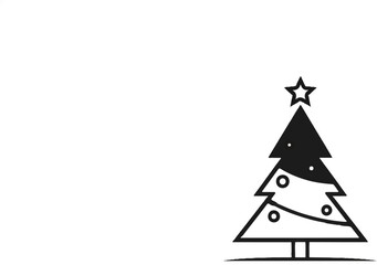 A stylized black and white illustration of a decorated Christmas tree with a star