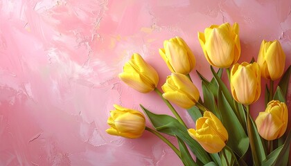 黄色のチューリップとシンプルなピンク色の背景　AI生成素材