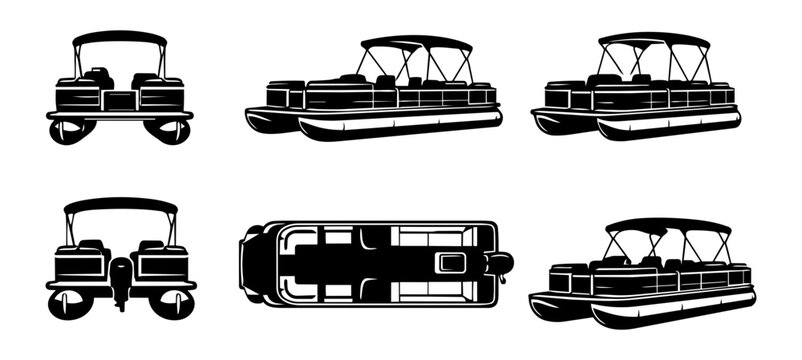 Pontoon Boat Multiple View Silhouette Set Vector Illustration
