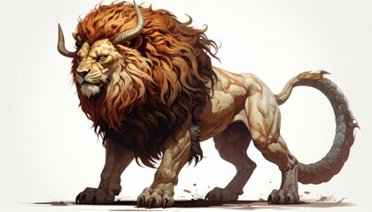 Obraz premium Majestic Lion-Bull Hybrid Creature with Powerful Musculature and Fierce Gaze.