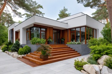 Fototapeta premium Modern luxury house with wooden terrace and large windows