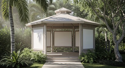 Fototapeta premium Wooden garden pavilion billboard mockup in tropical park environment