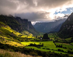 Fototapeta premium A serene and majestic valley with lush green mountains