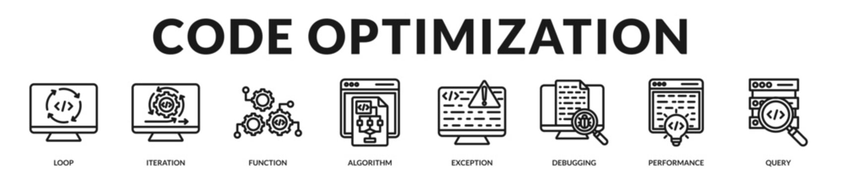 Code optimization concept illustrating iterative refinement, exception handling, and measurable performance enhancement in Lineal Icon Style