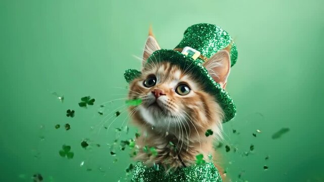 Adorable kitten in green sparkling hat with shamrocks on st. patrick's day celebration. Saint Patrick's Day, St Paddy's Day, St Patty's Day - Irish National Holiday and Cultural Celebration