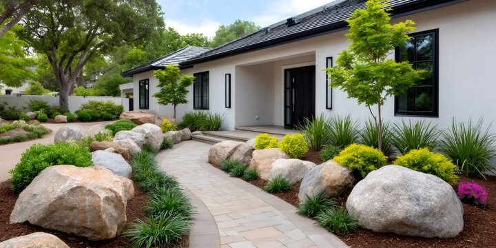 Modern luxury home exterior with rock garden landscaping