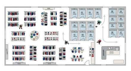 Detailed floor plan of a retail store showcasing various product displays and customer areas. © Widia