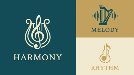The image features three music-themed logos, symbolizing harmony, melody, and rhythm, designed to represent emotions associated with music and creativity.