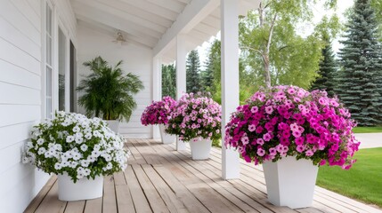 Porch decorating with petunias and potted plants