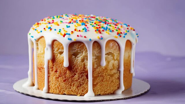 Traditional easter cake with white glaze and colorful sprinkles on light purple background, kulich bread
