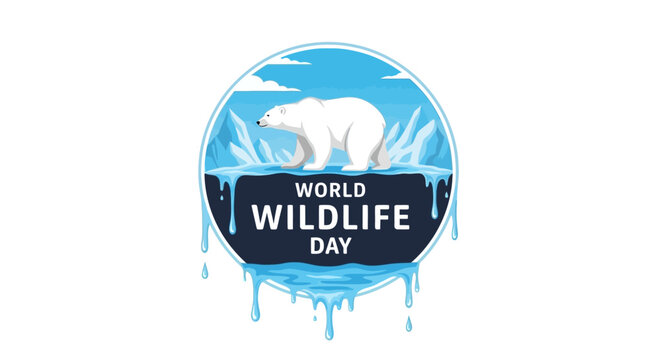 Illustration of a polar bear on World Wildlife Day logo with melting ice and blue globe background, symbolizing wildlife conservation and global awareness.
