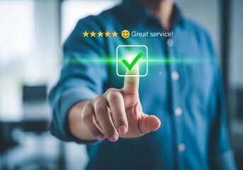 Man in blue shirt giving five star rating with finger touching green checkmark button for great service