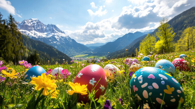Colorful Easter eggs decorate a flowery meadow with mountain scenery