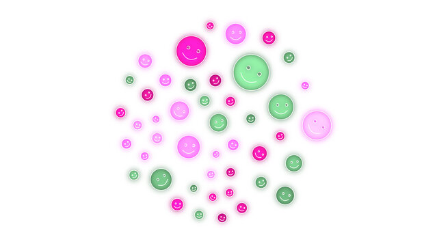 PNG image of Scattered glowing pink and green smiley face icons floating playfully in a circular pattern on transparent background