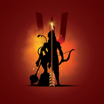 Lord Ram and Hanuman Silhouette with Sacred Arrow and Spiritual Glow, Creative vector illustration design of divine bond.