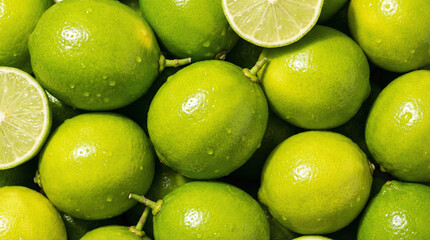 Fresh, vibrant green limes with water droplets, a refreshing citrus fruit close-up