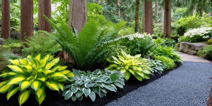 Garden path winding through hostas and ferns