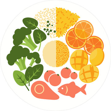 A vibrant plate showcasing a balanced microbiome diet with colorful fruits, vegetables, and fish. Illustrates healthy eating and dietary balance. Clean, modern design.