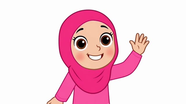 Happy cartoon girl with pink hijab smiling brightly