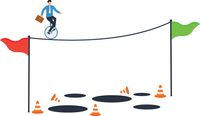 Businessman balancing tightrope walking unicycle riding business challenge overcoming obstacles risk management success path determination effort financial difficulty achievement goal. © Mr Fikh