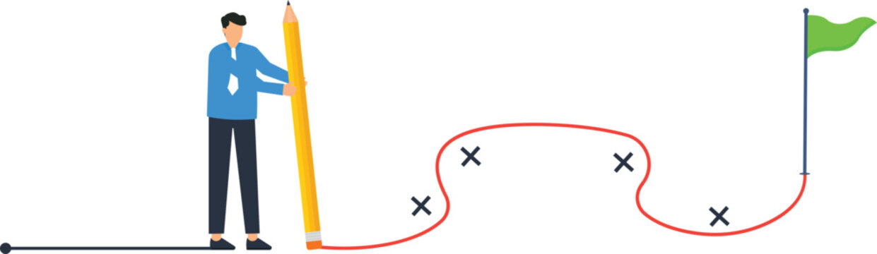 Businessman drawing difficult route using large pencil toward success journey goal setting planning process achievement concept future direction