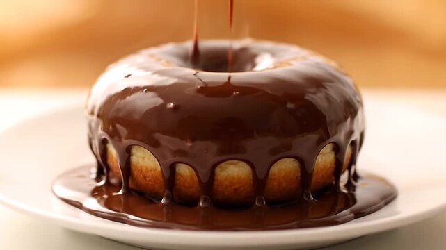 Close up of a delicious chocolate donut and cream on a plate