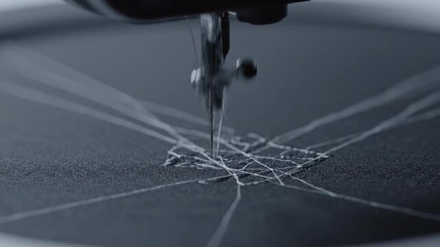 Close-up of a sewing machine needle stitching a geometric pattern on dark fabric