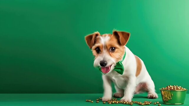 Small dog with green bow tie and gold coins on green background. Saint Patrick's Day, St Paddy's Day, St Patty's Day - Irish National Holiday and Cultural Celebration