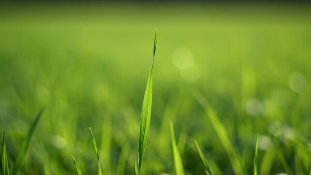 Close-up of a single blade of green grass swaying gently in the breeze, soft focus background