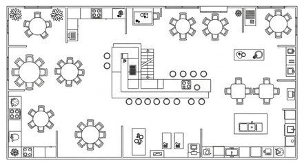 Restaurant floor plan with tables, bar, kitchen, and seating arrangements for customers.