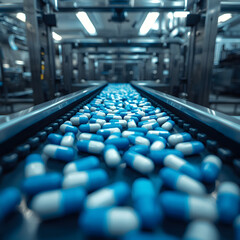 Fototapeta premium Pharmaceutical manufacturing is depicted through a close-up macro perspective of blue and white capsules on a stainless steel conveyor belt in a clean and sterile environment.