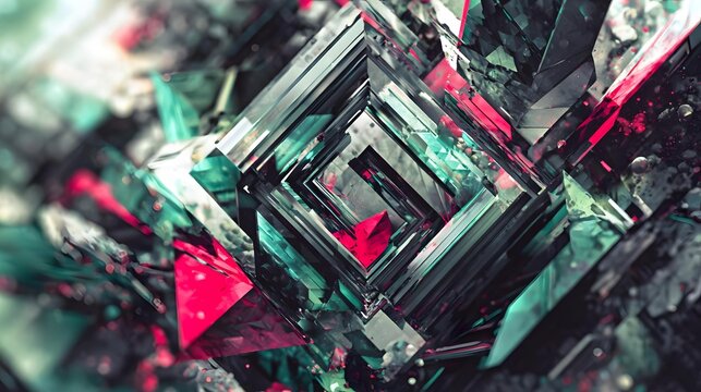 showing evolving geometric patterns, vibrant gradients and glowing particles in a futuristic art environment